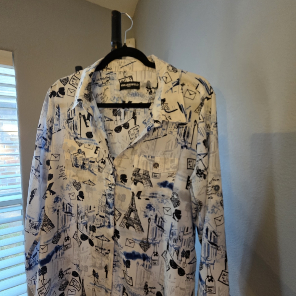 Karl Lagerfeld White and Blue Graphic Blouse. 28 1/2 long, 22" chest.